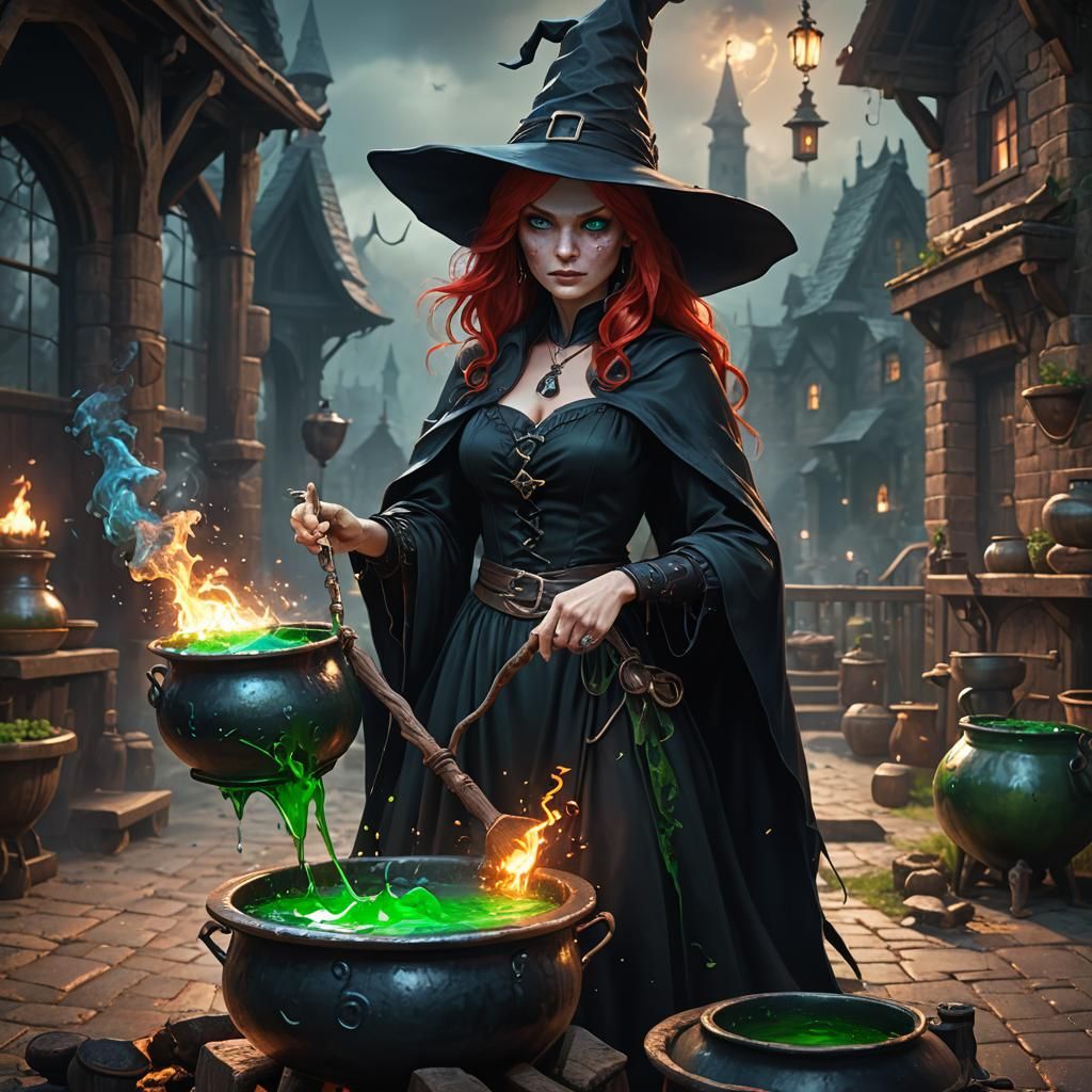 Sinister Red-Haired Witch Stirring Cauldron, Dark Fantasy Ar...