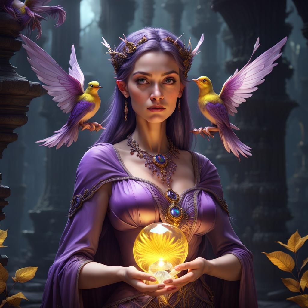 Fairy Queen with Crystal Bird in Cartoon Style