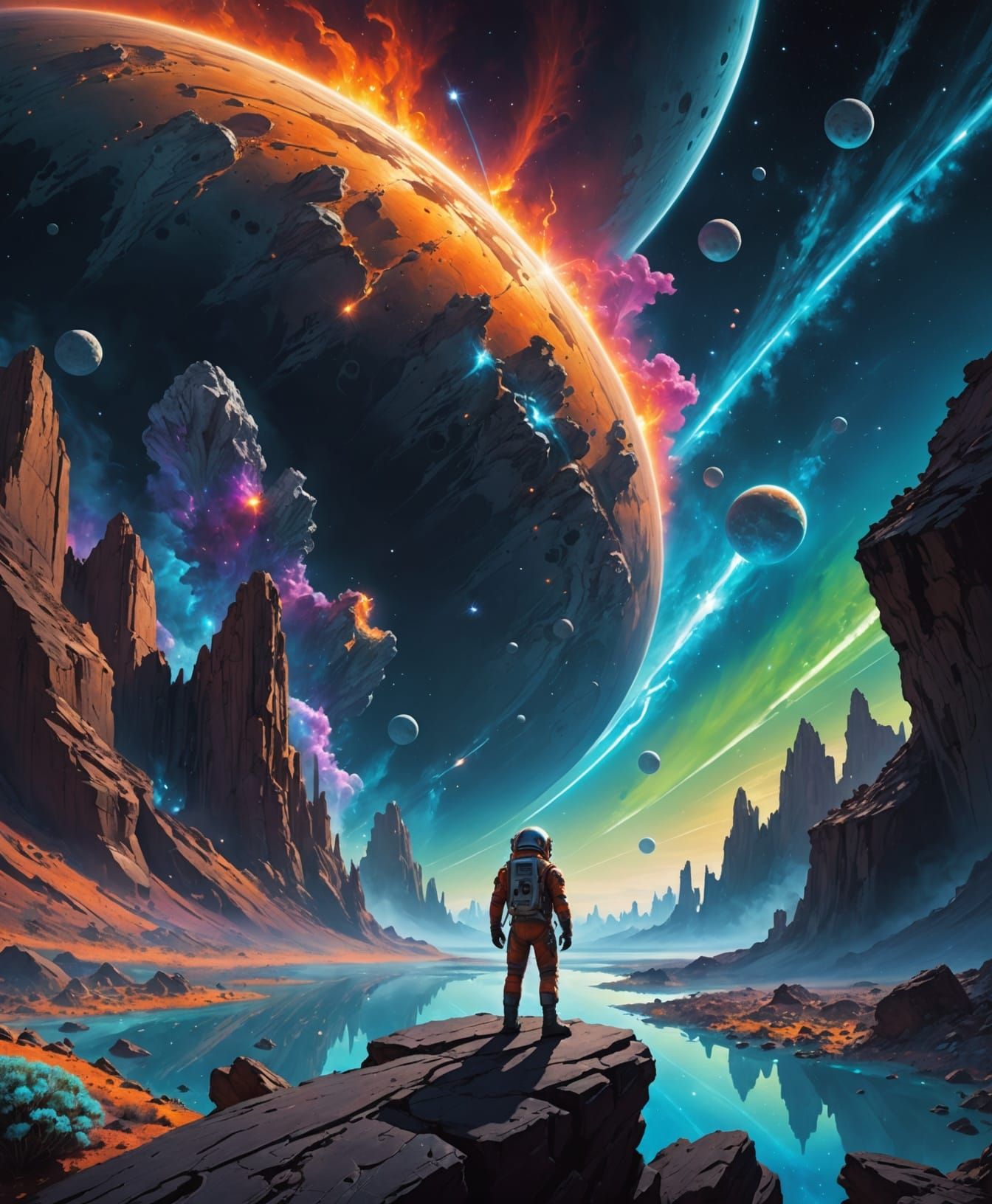 Astronaut Gazes at Nebula from Crystalline Asteroid