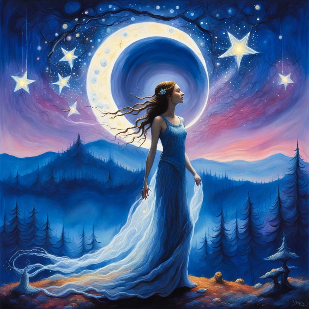 Ethereal Celestial Being in Mystical Lunar Forest
