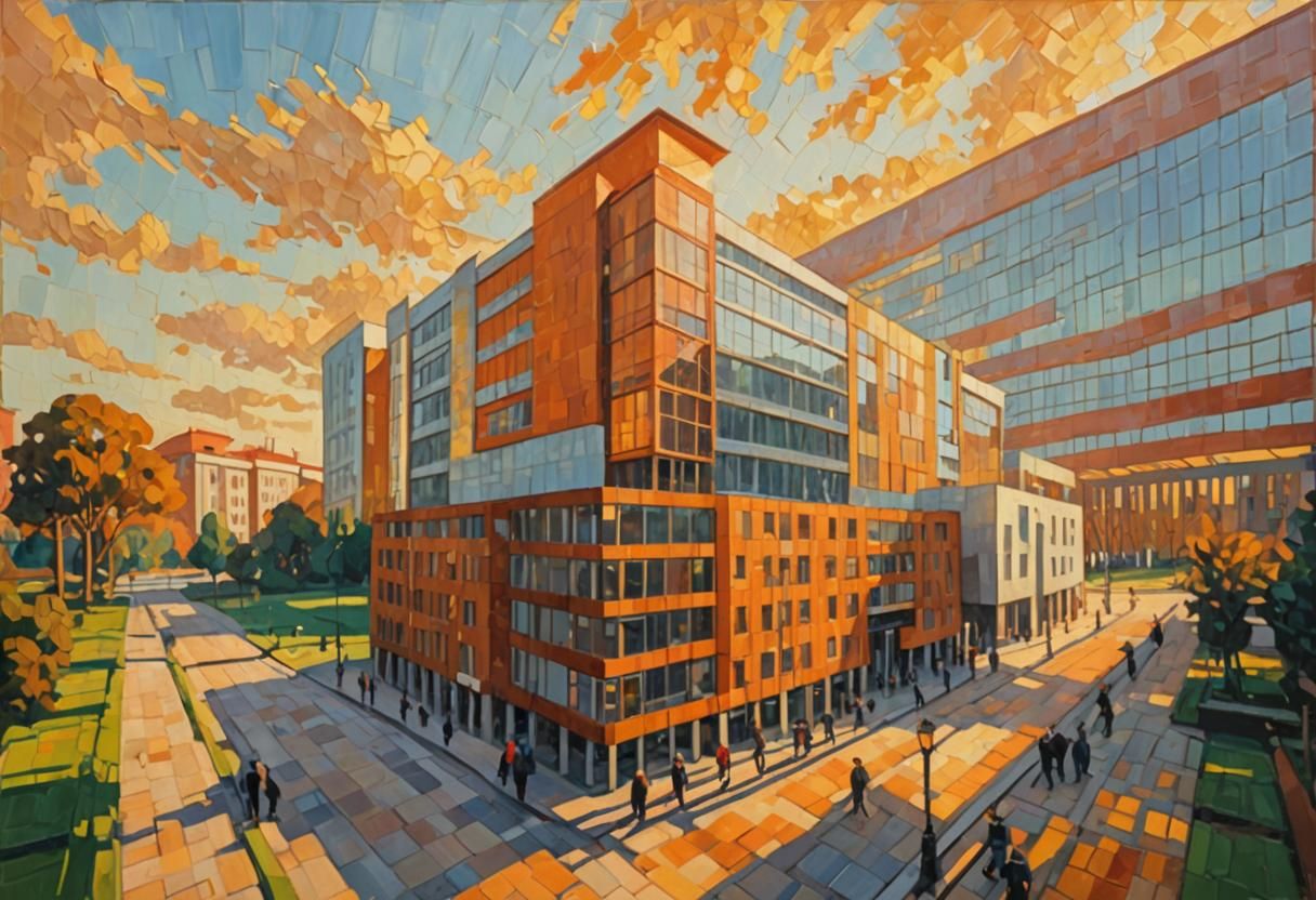 People Walking to Building as Impasto Oil Painting