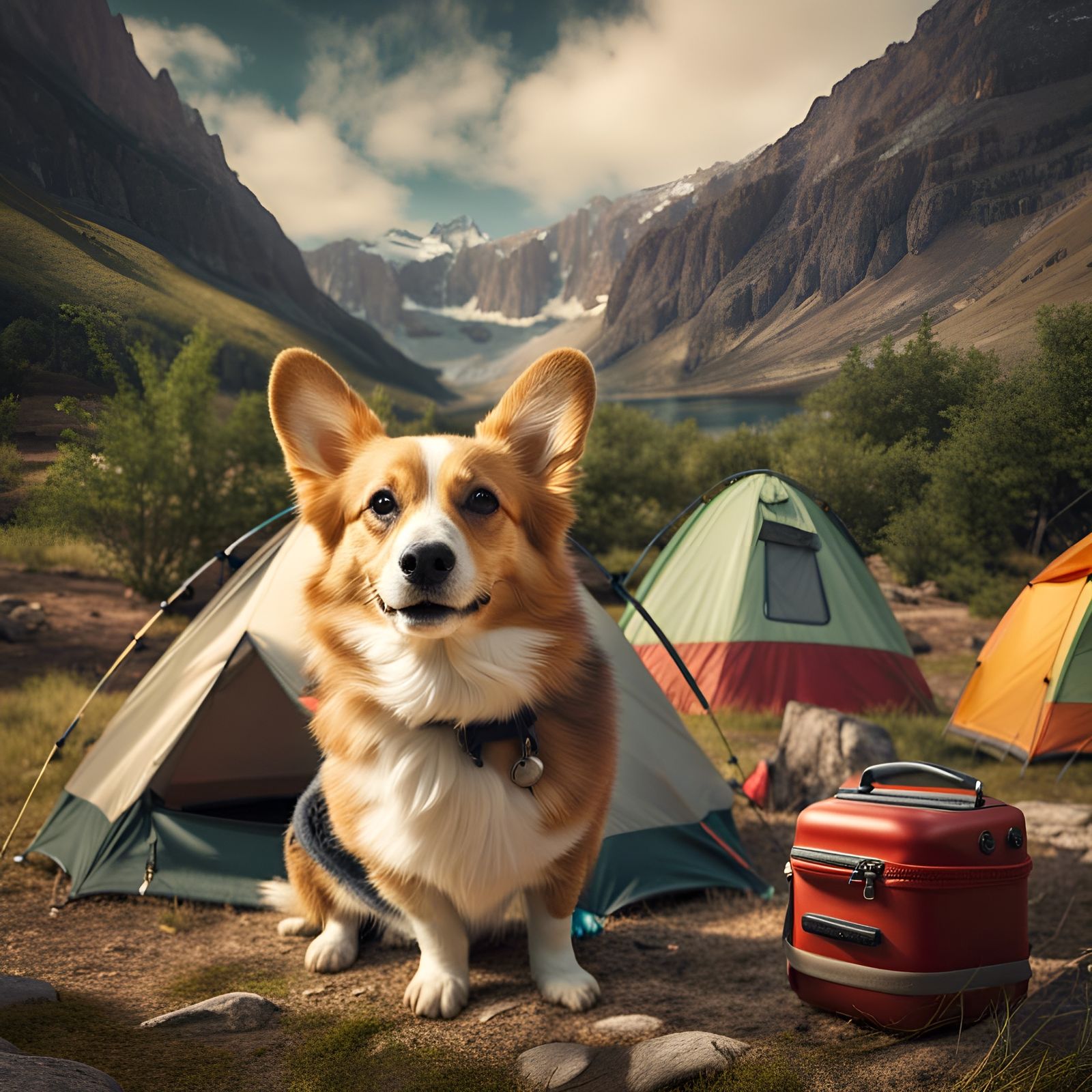Corgi Camping in a Beautiful Valley