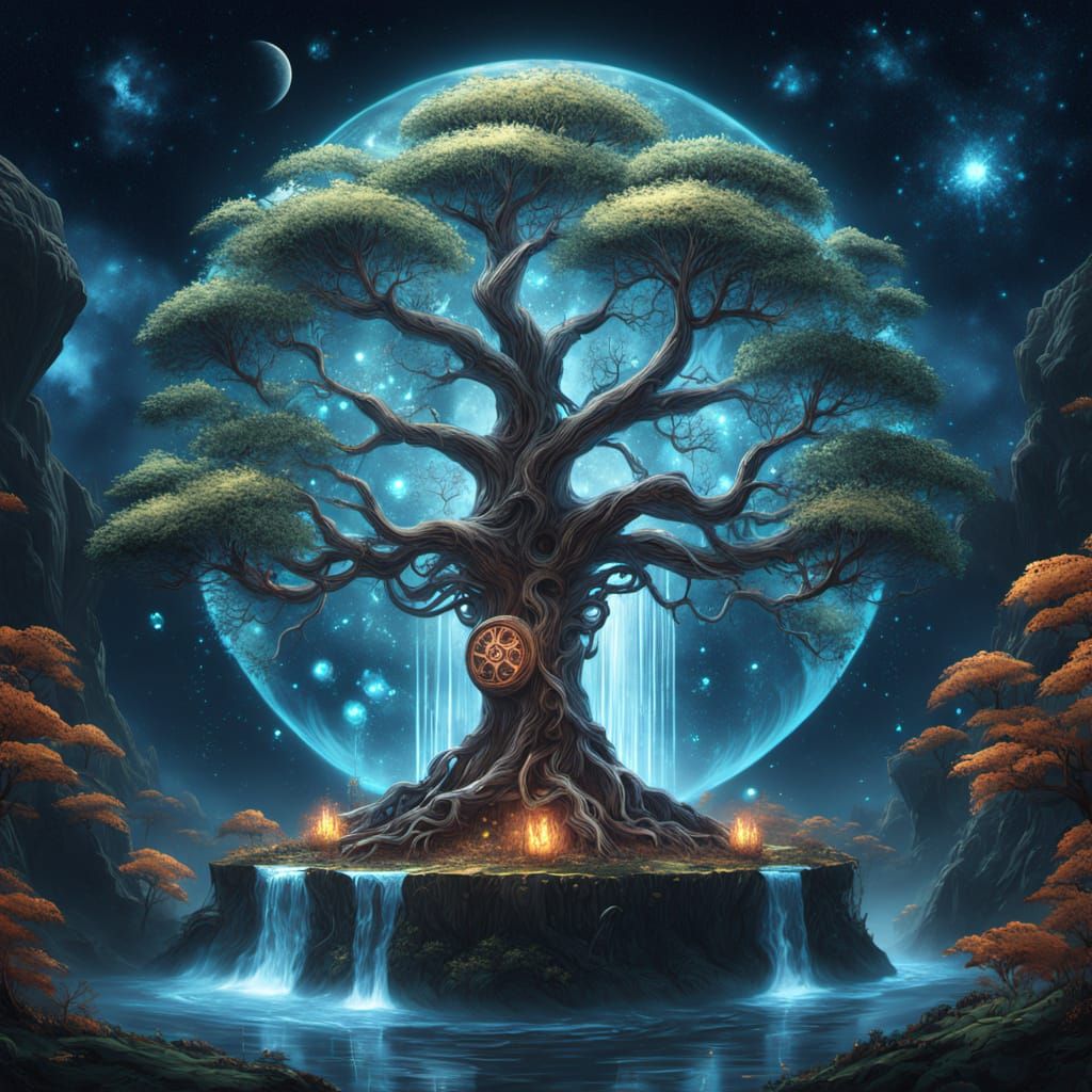 Celestial Tree of Life with Gears in Steampunk Fantasy Style