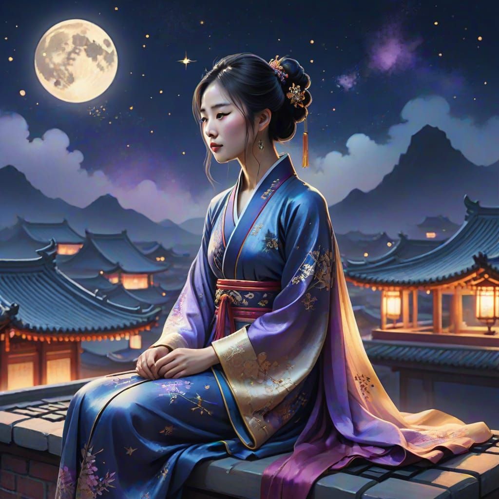 Serene Chinese Goddess Under Starry Night Sky