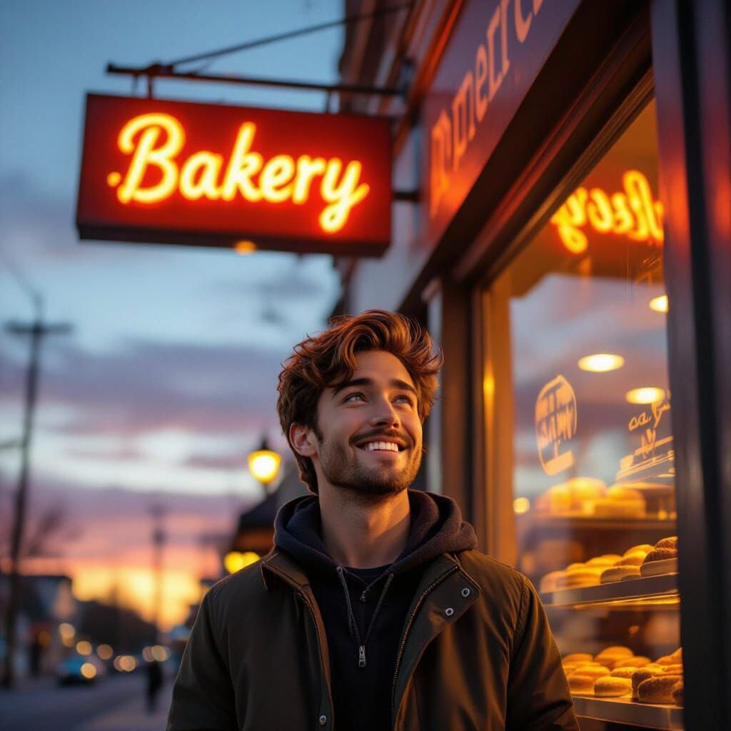 Daniel's Joyful Sunset Outside Bakery in Golden Light
