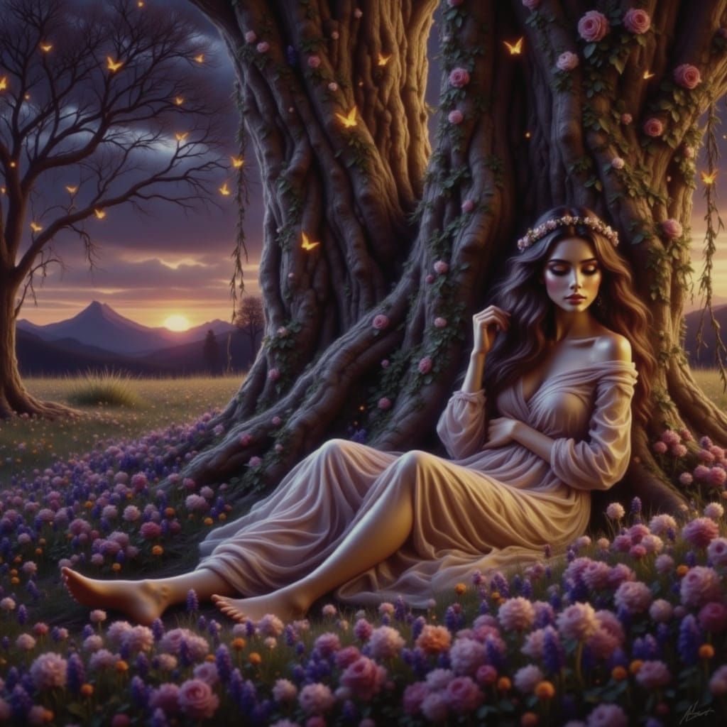 Woman in Hammock with Wildflowers, Impressionistic Style