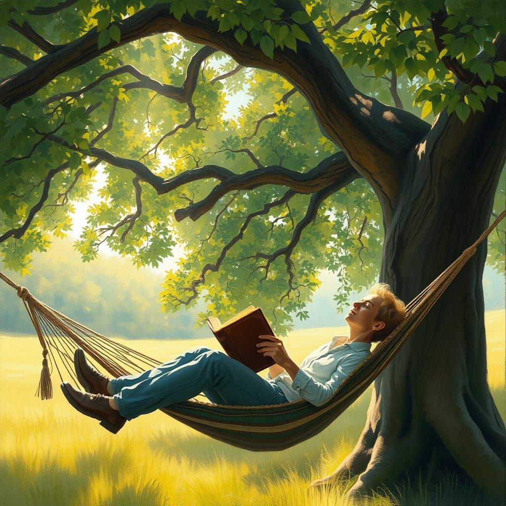 Peaceful Hammock Reading in Sun-Dappled Woods