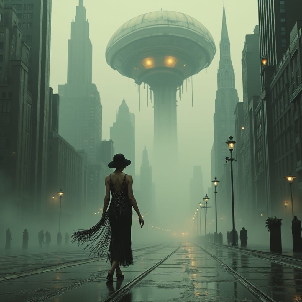 Flapper Girl in Dystopian Metropolis, Inspired by German Exp...