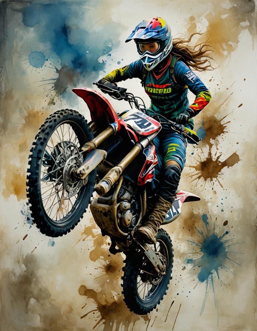 female Professional motorcross driver jumping high with her bike