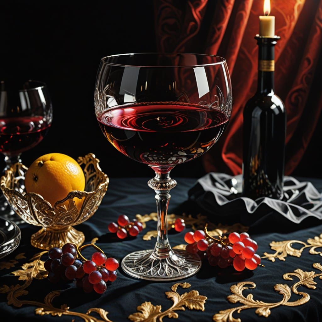 Luxurious Baroque Still Life with Crystal Glass and Red Wine