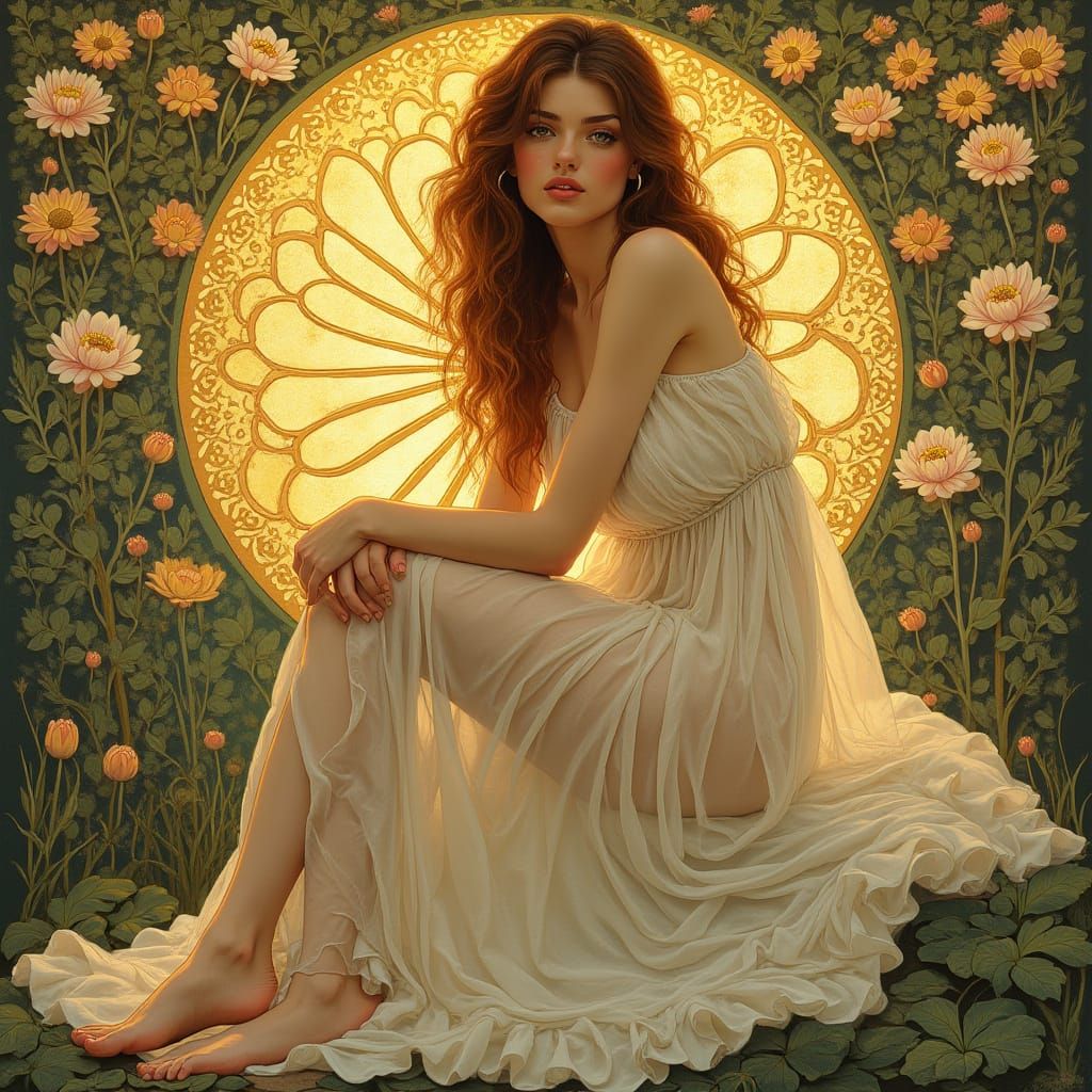 Elegant Woman in Peach Lace, Art Nouveau Style