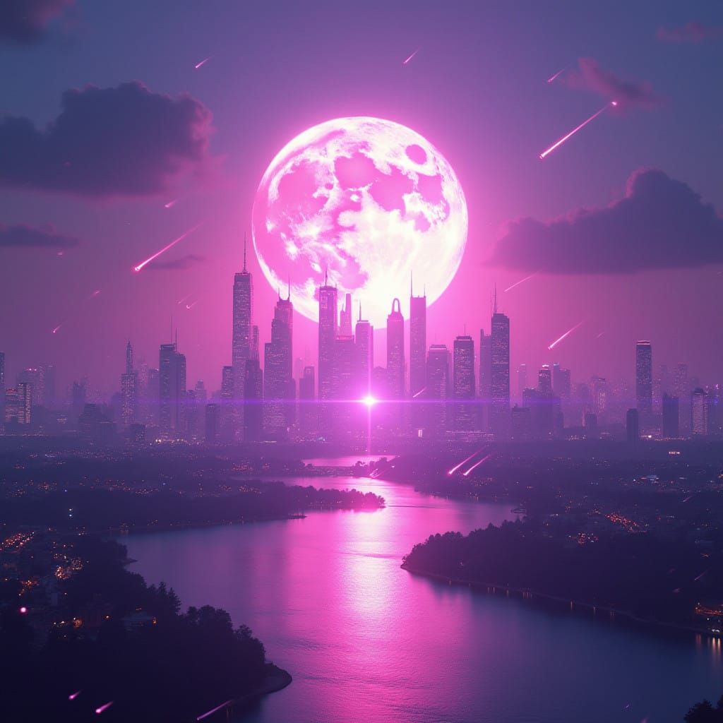 Ethereal Double Exposure of Holographic Cityscape at Dusk