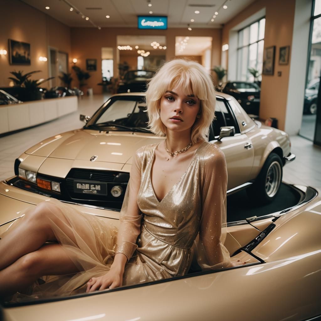 Young Man in Tulle Dress on Sports Car