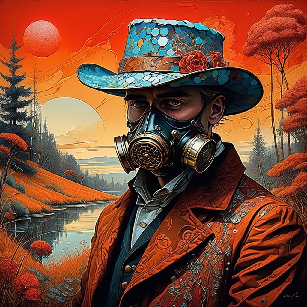 fancy wears a gas mask