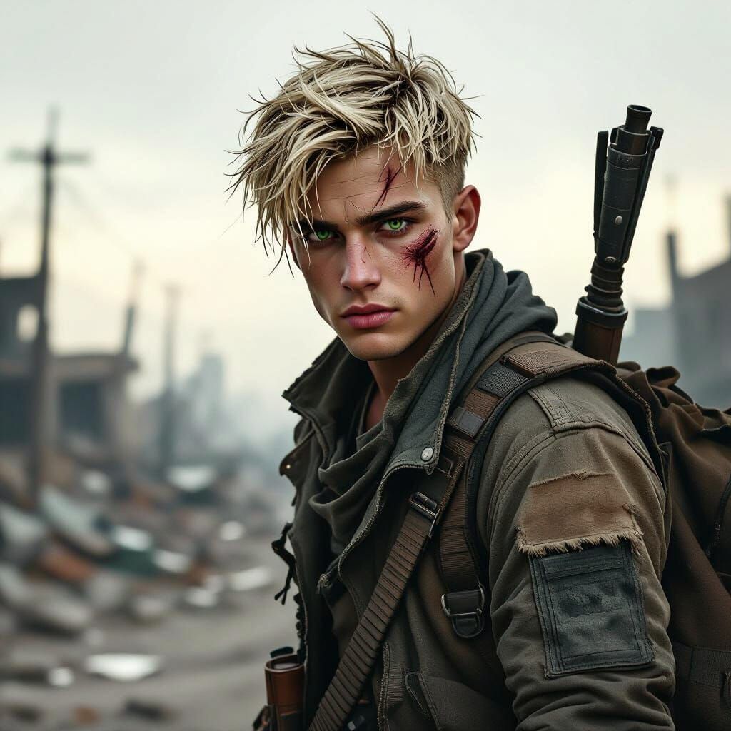 Post-Apocalyptic Survivor with Scar and Makeshift Weapon
