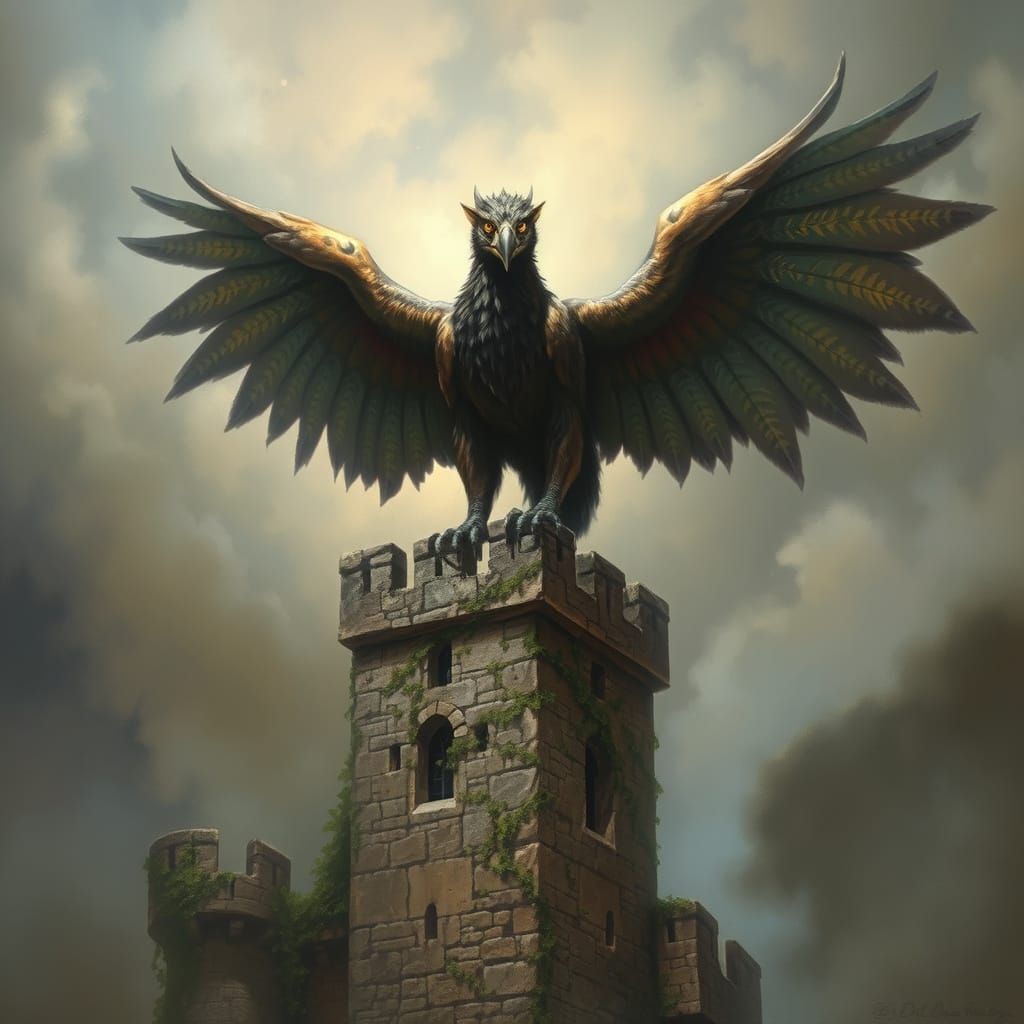 Griffin on Castle Tower in Oil Painting Style