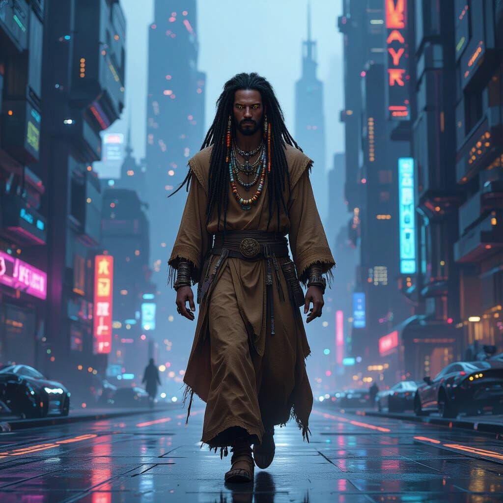 Ancient Man in Future City Concept Art