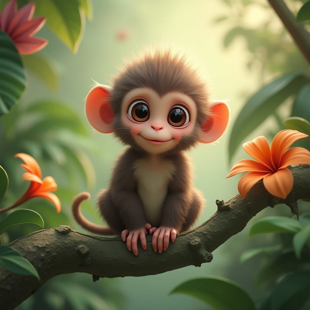 Whimsical Infant Monkey in Vibrant Tropical Paradise
