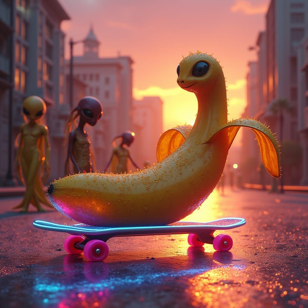 Vibrant Iridescent Fruit Rolls Through Alien City in Neon-Li...