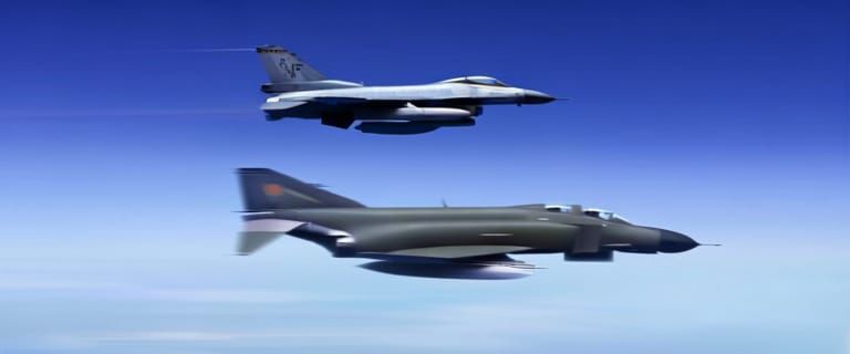 F-16 and F-4 Fighter Jets in Formation