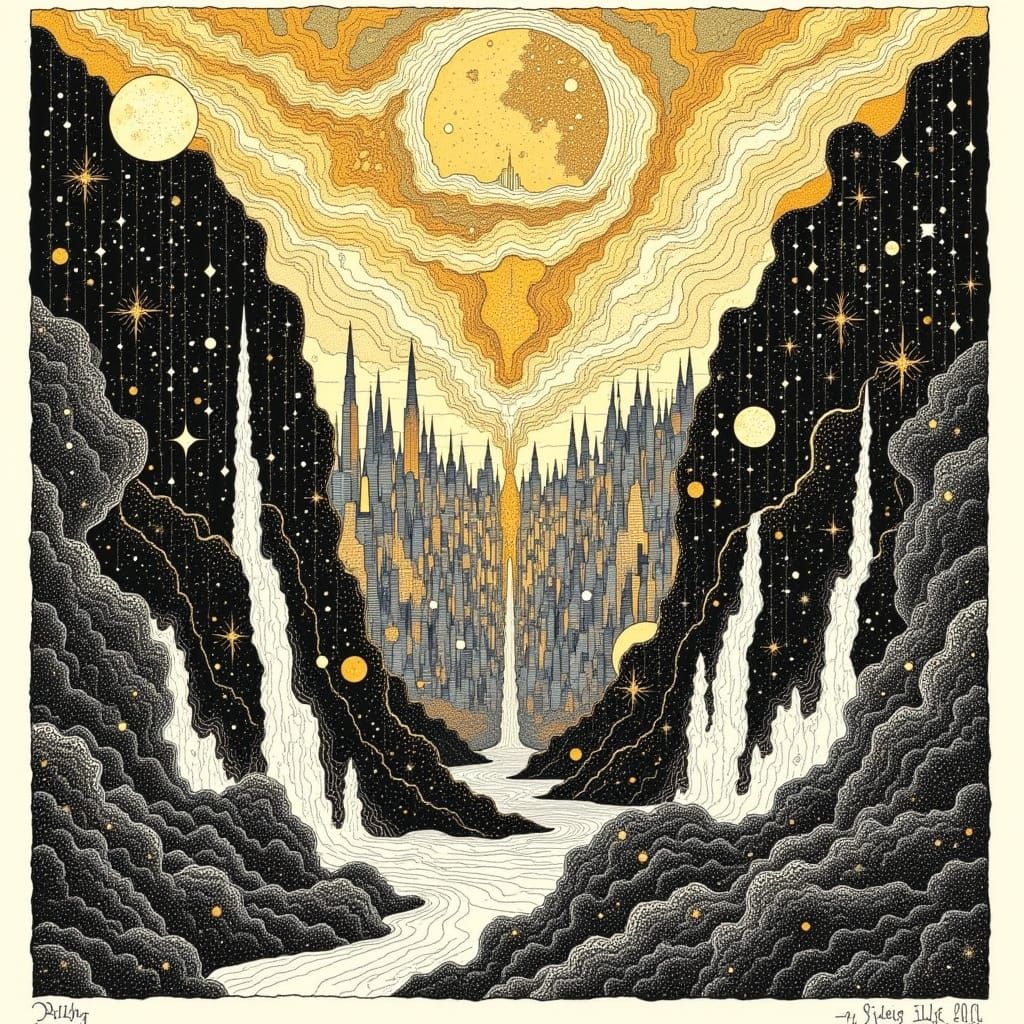 Underground Cityscape in Black and White Ink Art