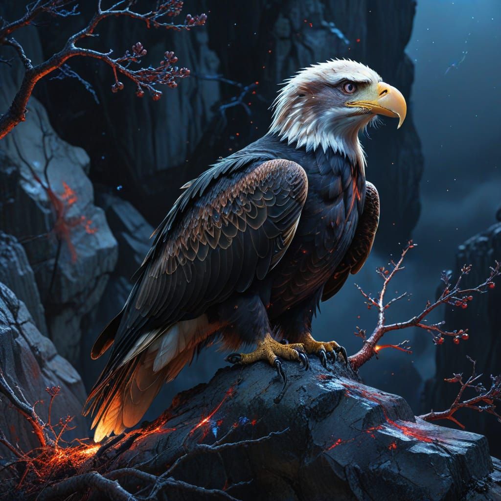 An American Bald Eagle rests on a sturdy tree branch high atop a dark stone cliff