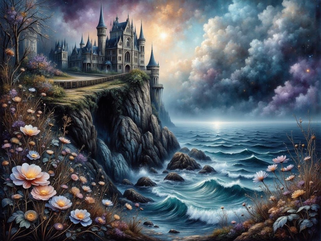 Gothic Castle on Stormy Cliff in Impasto Style