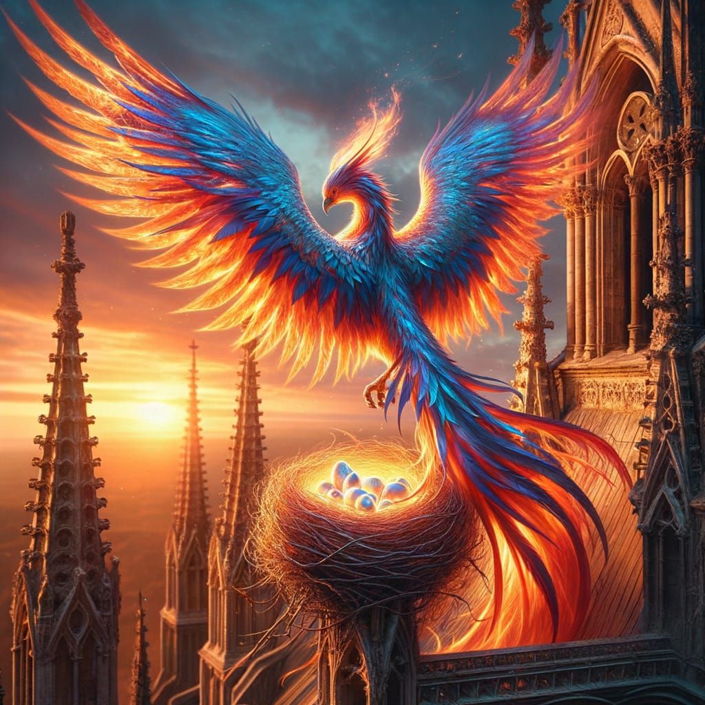 Phoenix Protecting its Nest on Gothic Cathedral