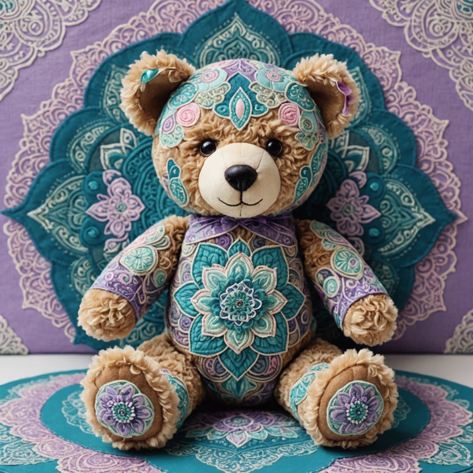 Pastel Mandala Teddy Bear in Dreamy Setting