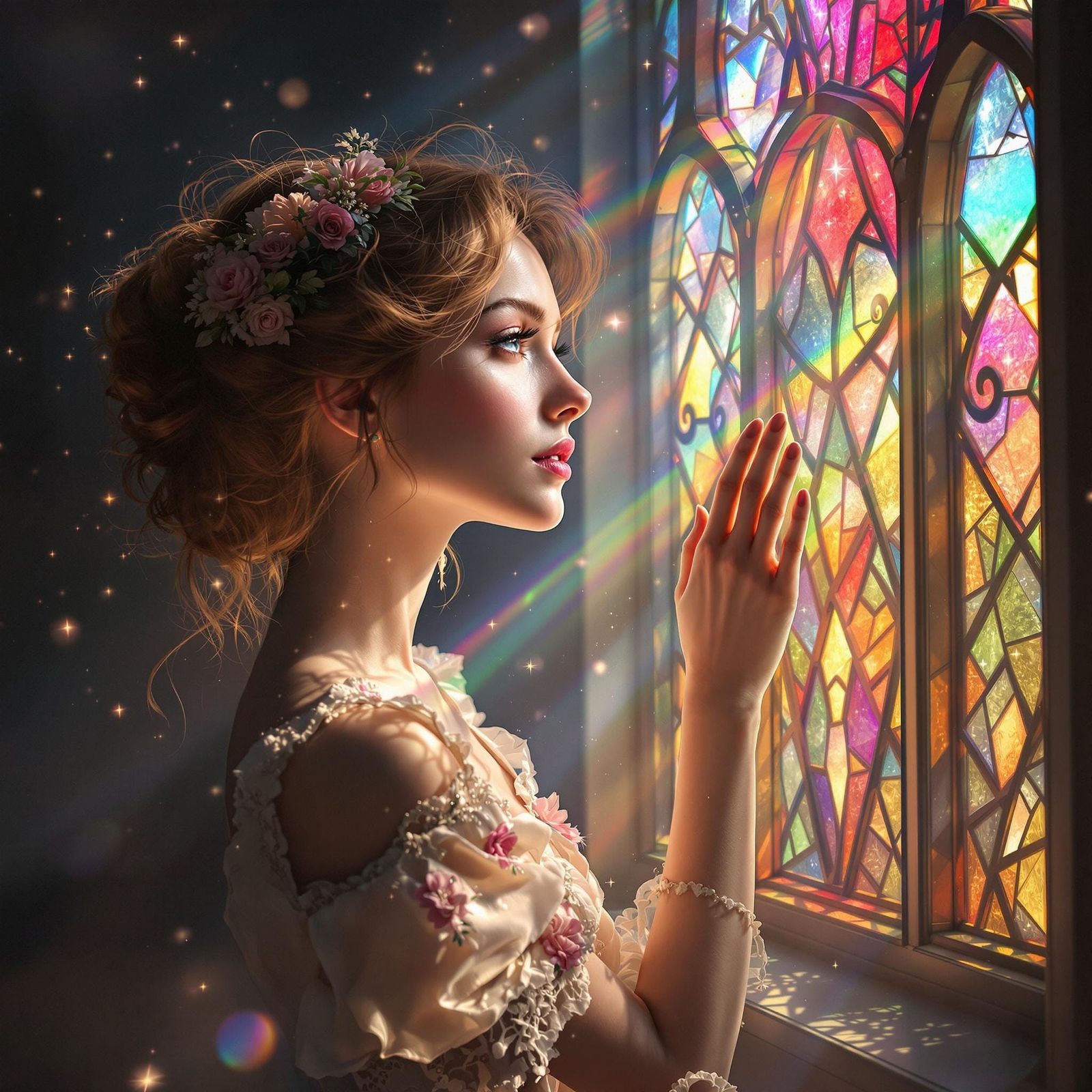 Woman in Rainbow Light Through Stained-Glass Window