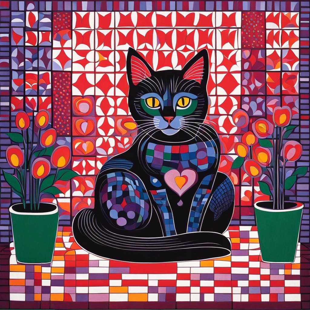 Op Art Cat with Flowers in Vasarely Style