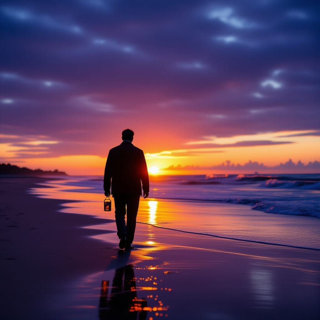 Man Walks Beach at Twilight with Whisky Bottle