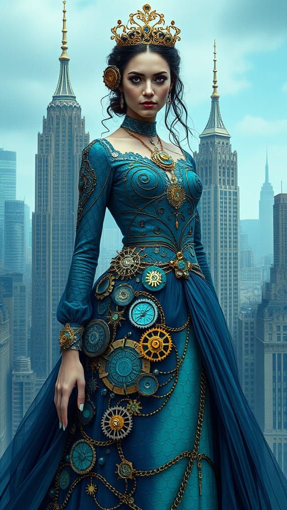 Elegant Teslapunk Princess in Fractal Cityscape
