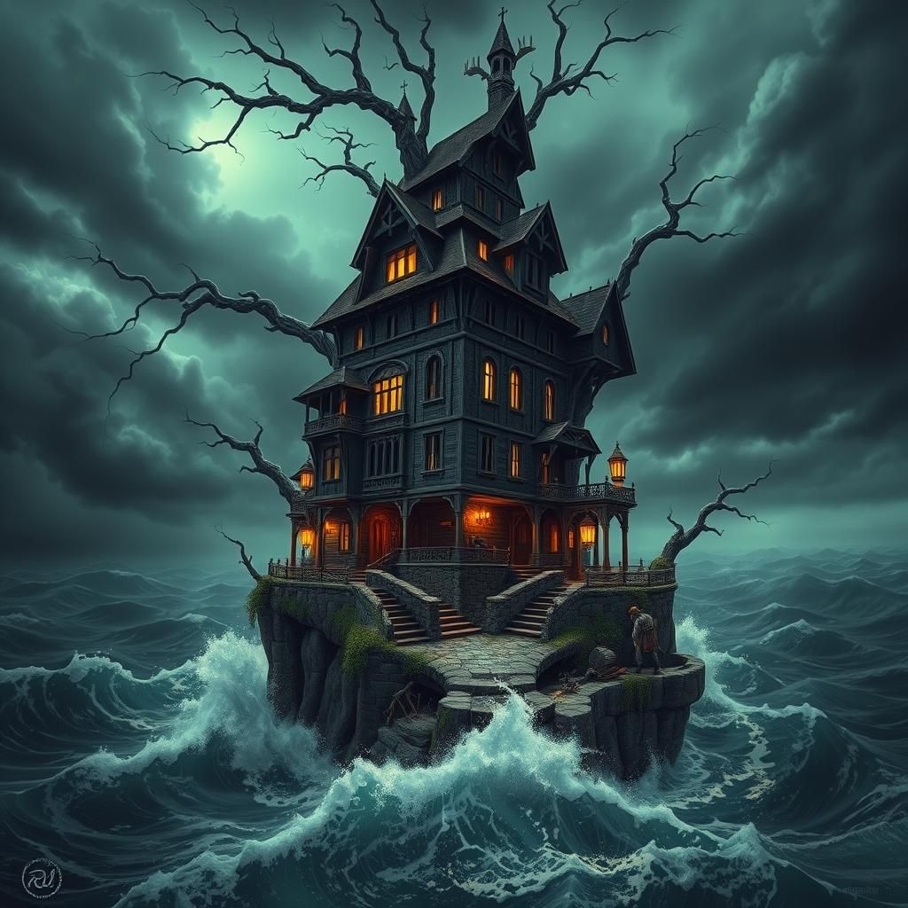 Eerie Island Mansion in Atmospheric Fantasy Style
