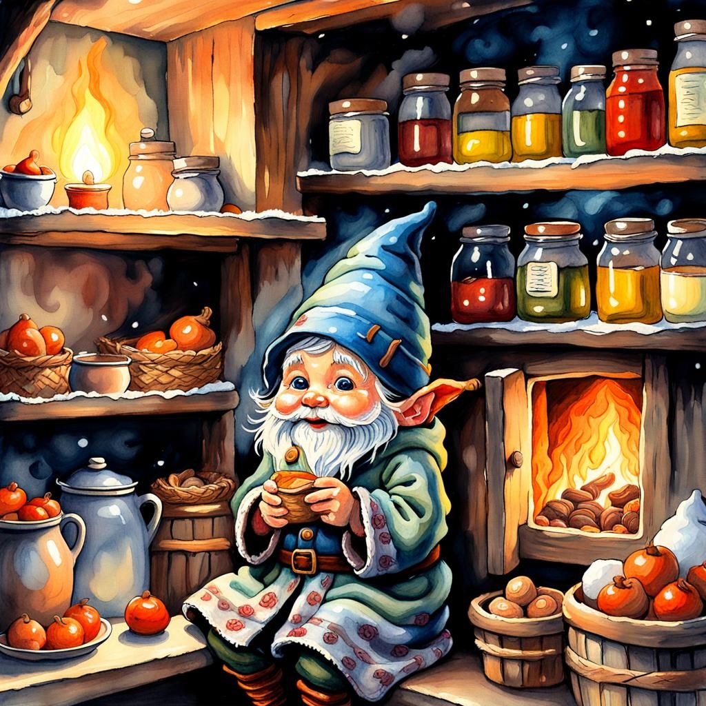 Gnome Prepares for Winter: Whimsical Oil Painting