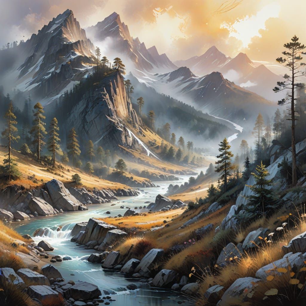 Panoramic Dawn Landscape with Ethereal Mist