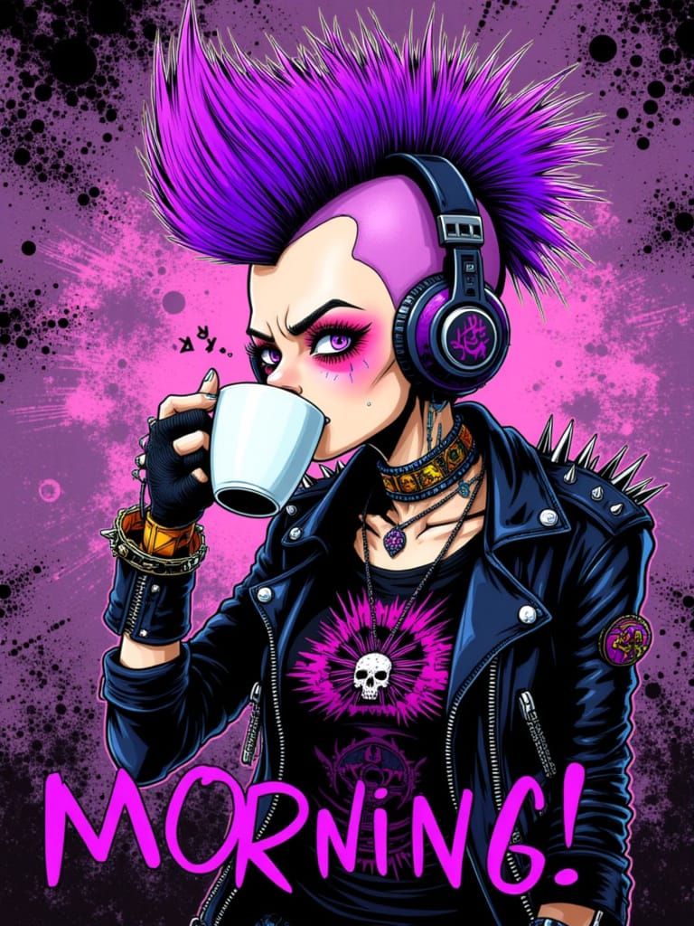 Punk Rock Girl Drinking Coffee in Fractal Art Style