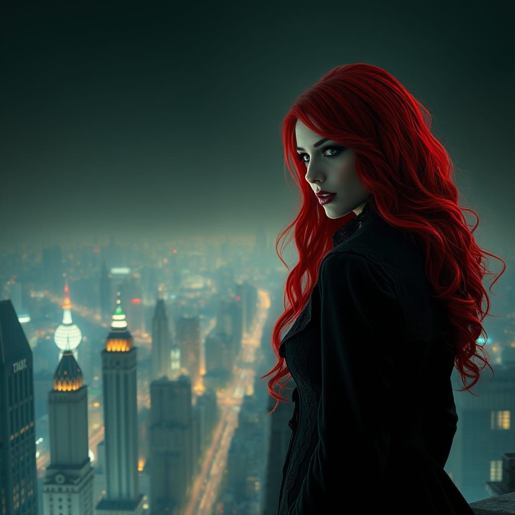 Gothic Vampire Goddess Surveys Futuristic Cityscape