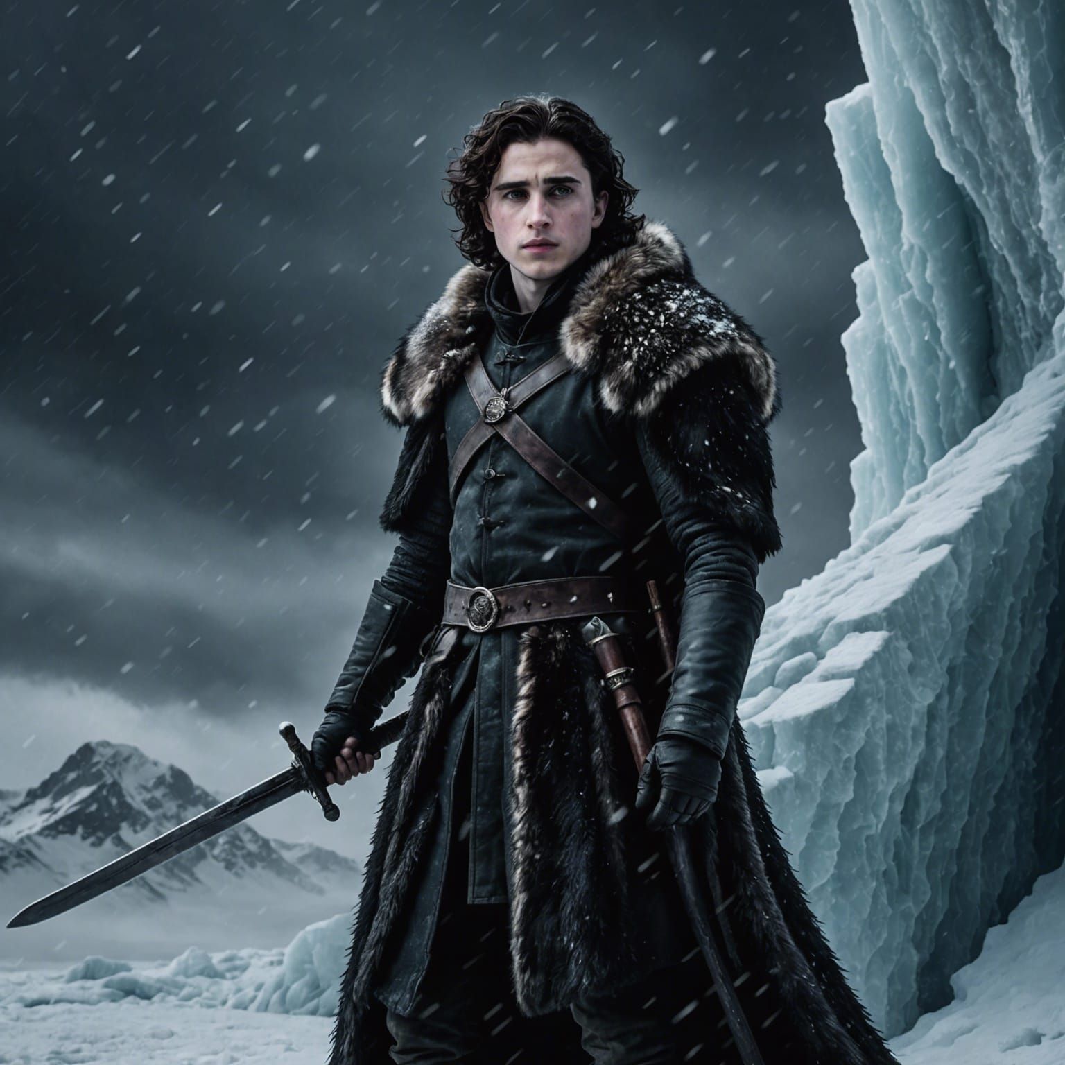 Jon Snow in Snowstorm with Valyrian Sword