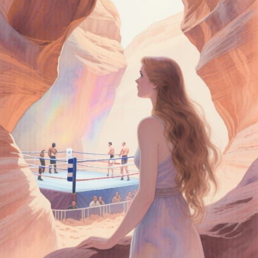 Feminine Woman Watches Boxing in Pastel Watercolor Style