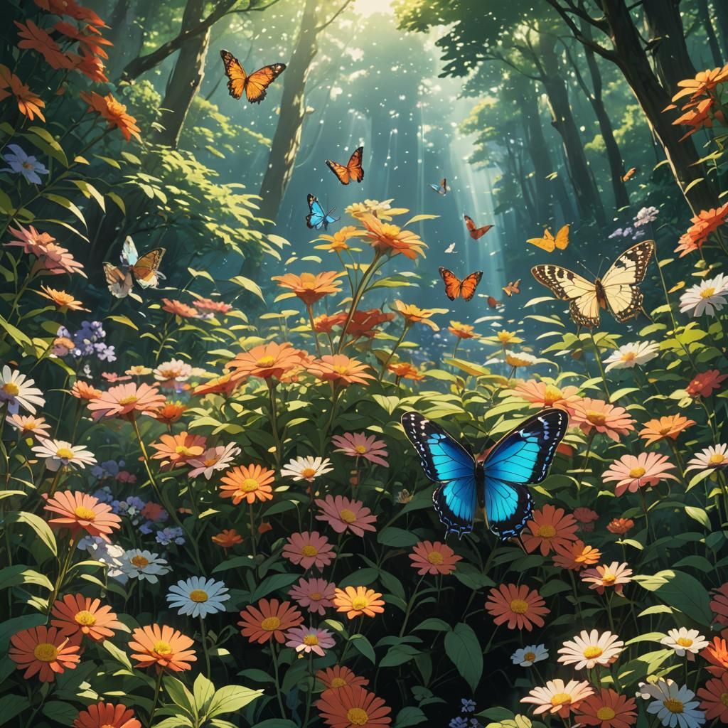 Butterfly Among Flowers in Anime Style