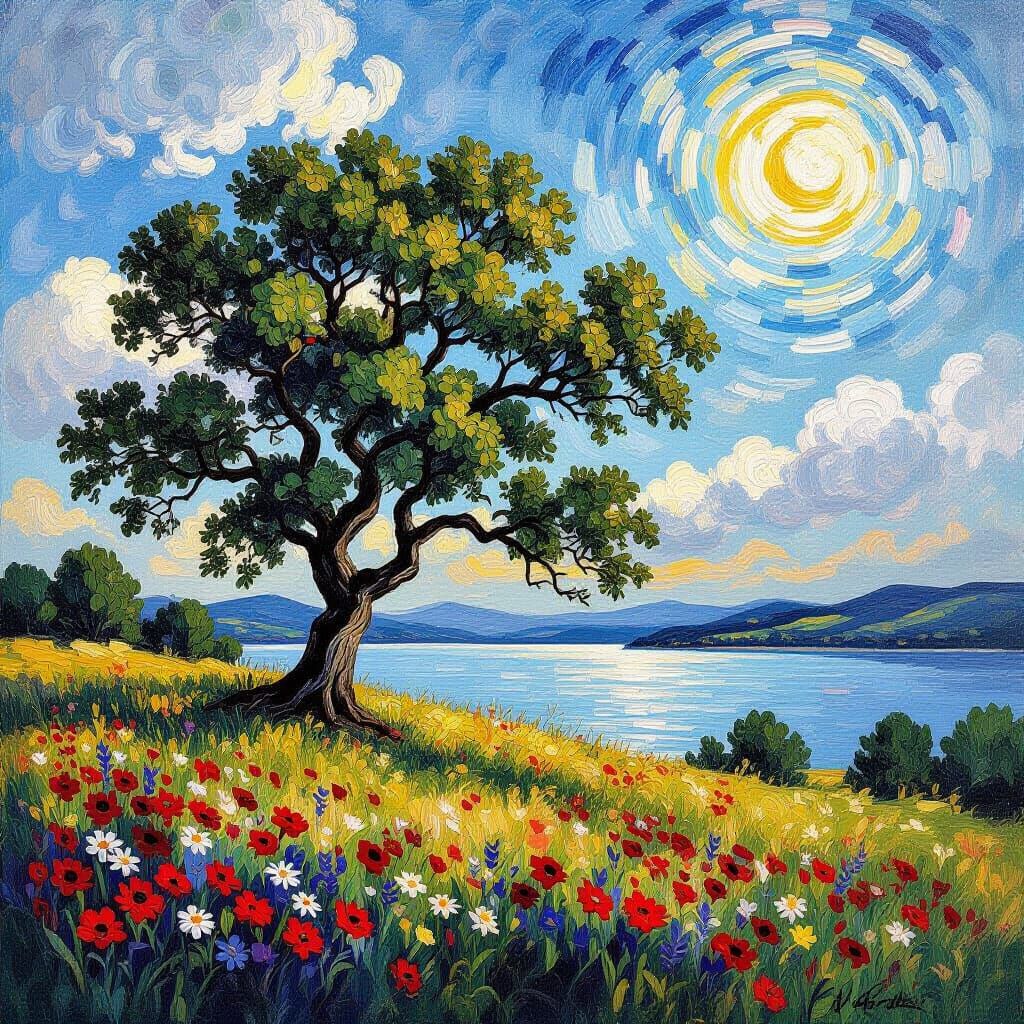 Ancient Oak on Hilltop Overlooking Lake in Impasto Style