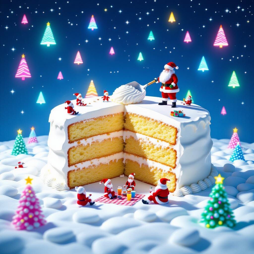 Surreal Cake Landscape with Christmas Trees in Neon Hyperrea...