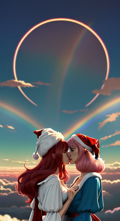 Vibrant Santa's Elves Kissing in a Dreamy, Neon-Pink Sky