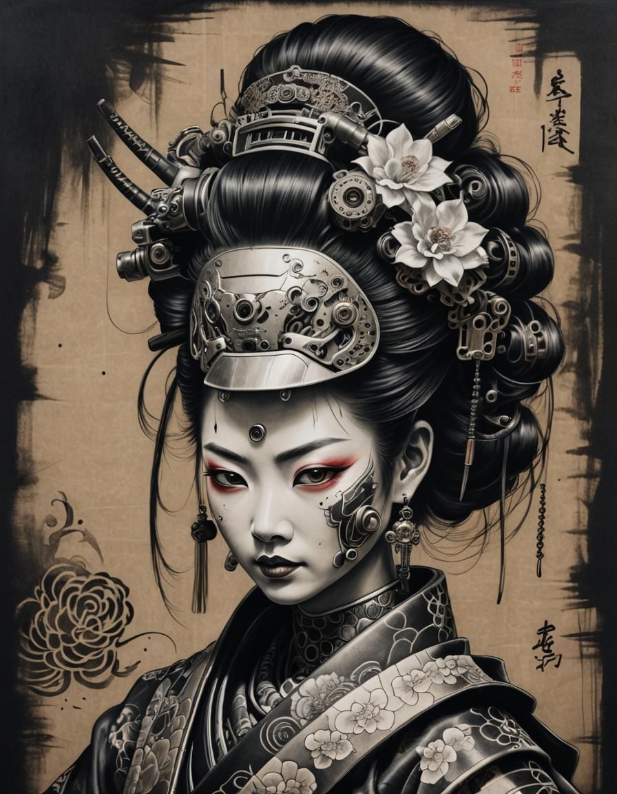 Robotic Geisha Samurai: Hyperdetailed Charcoal Portrait