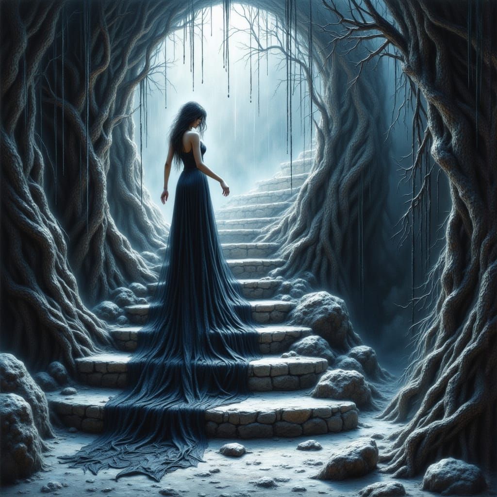 Woman Descends Staircase into Void