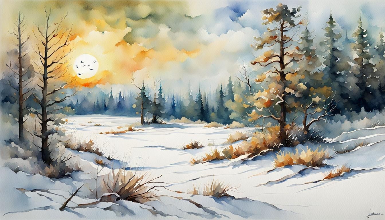 Whimsical Winter Sunset Landscape in Watercolor Style