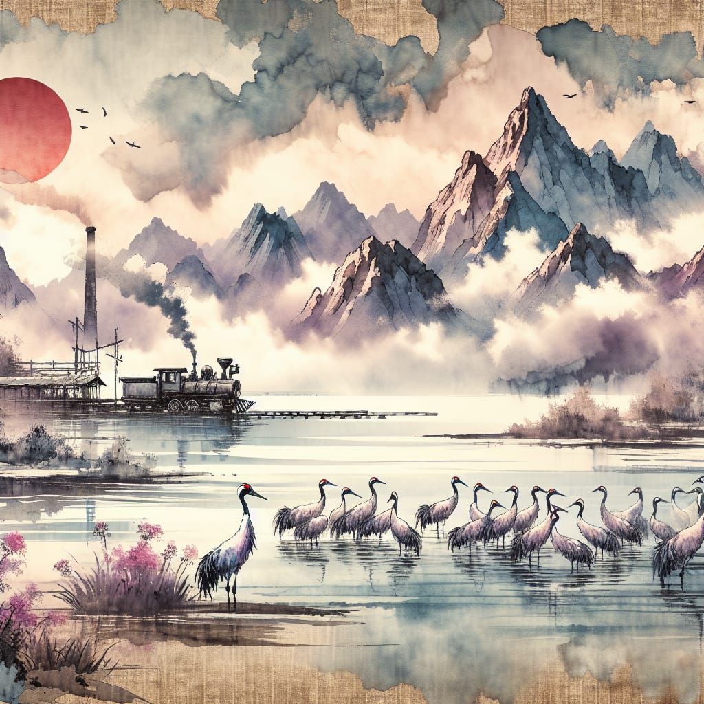 Chinese Ink Painting: Cranes, Lake, Mountains, Steampunk