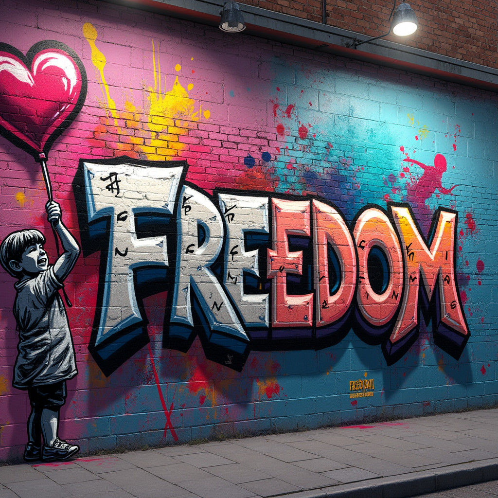 Dynamic Graffiti Mural on Brick Wall in Graphic Novel Style