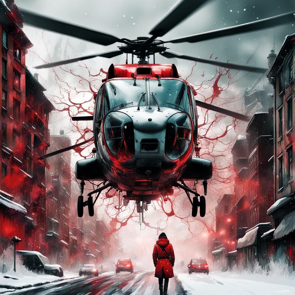 steampunk gothic cityscapes with  a helicopter in a winter wonderland